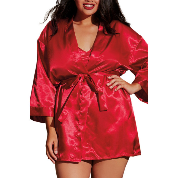 Nuisette grande taille rouge avec peignoir satinés 